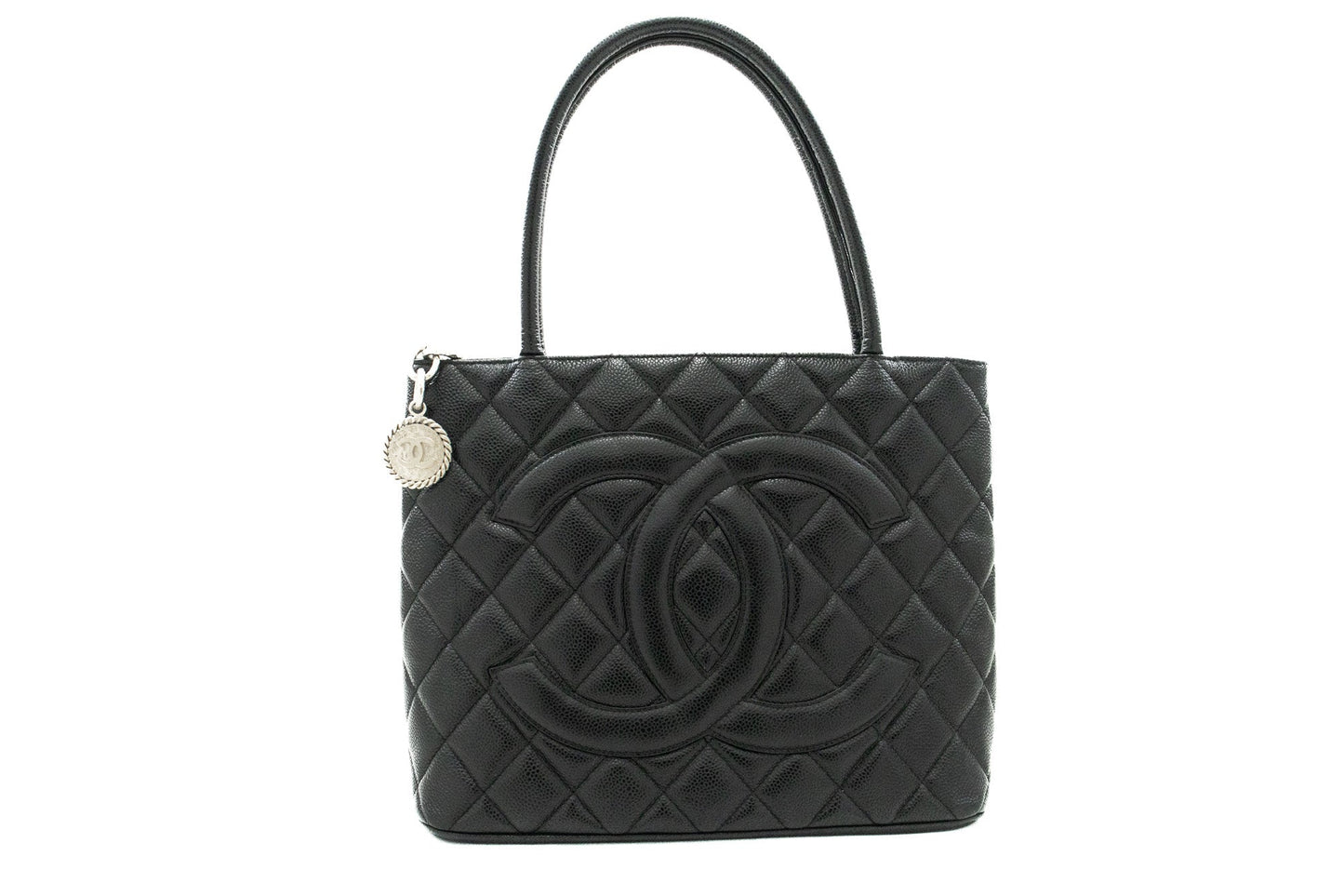 CHANEL Silver Medallion Caviar Shoulder Bag Grand Shopping Tote i75