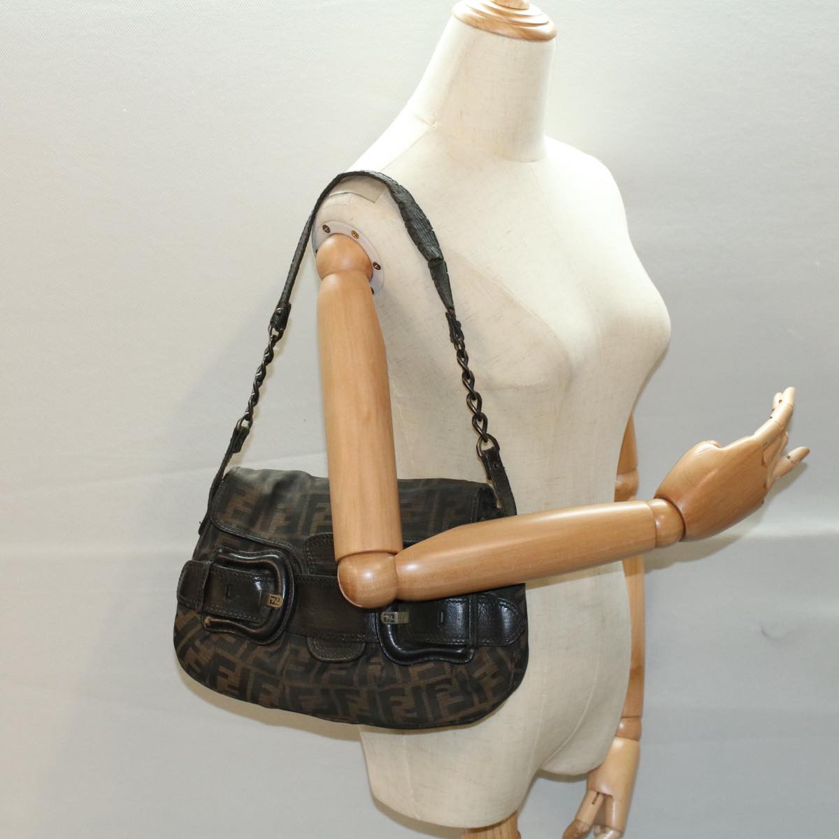 FENDI Shoulder Bag Zucca Canvas Brown Black 54362