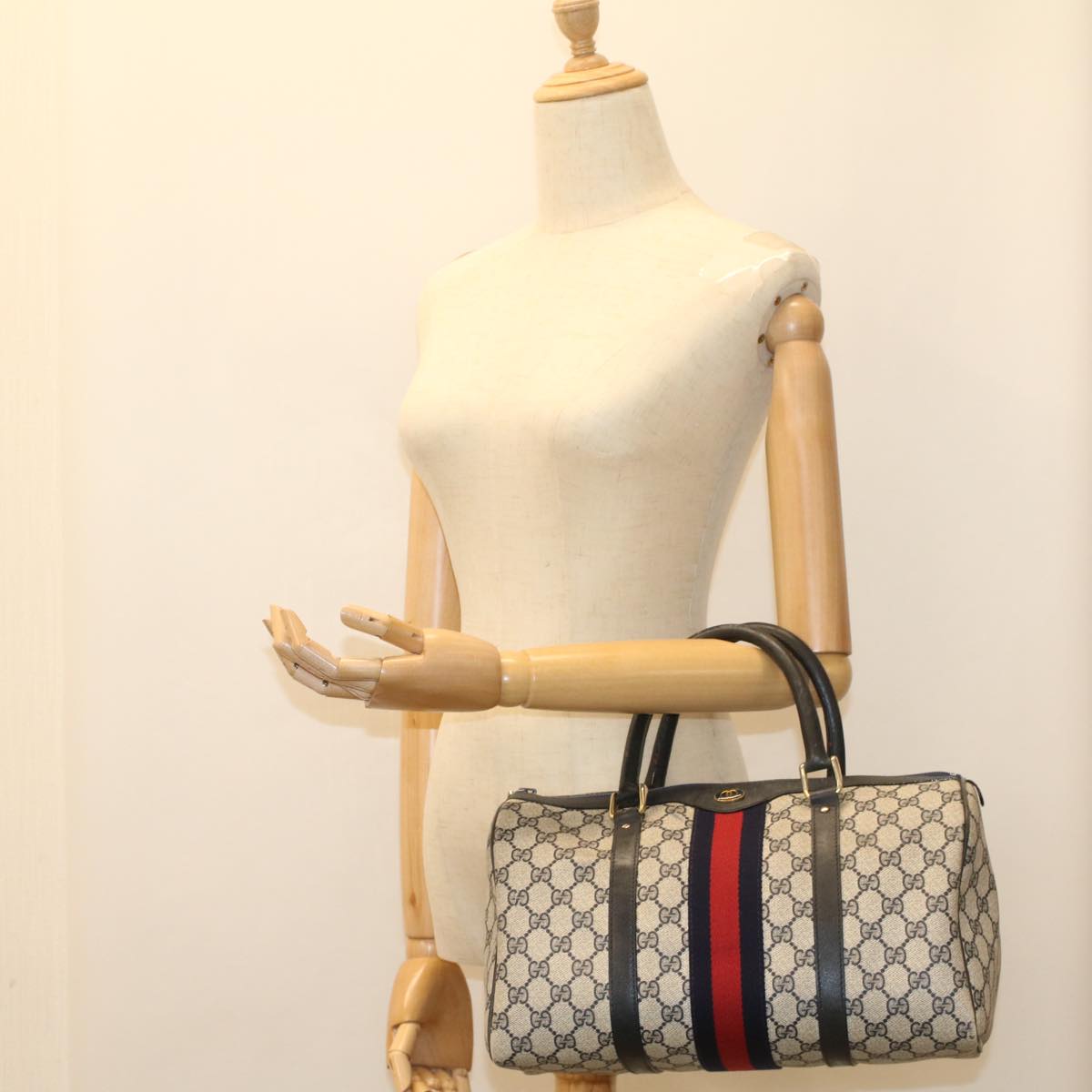 GUCCI GG Canvas Sherry Line Boston Bag Gray Red Navy 54384