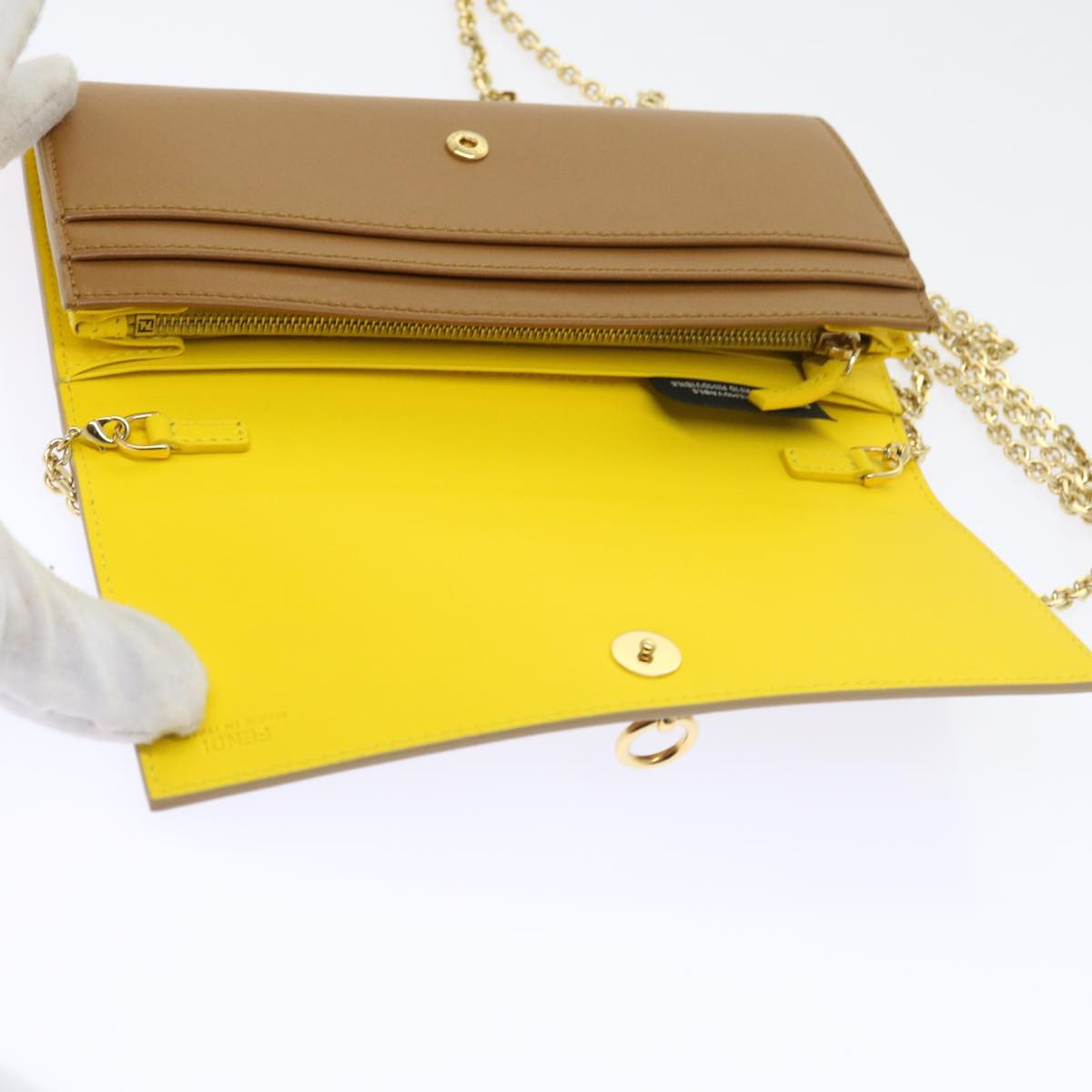 FENDI Chain Shoulder Long Wallet Leather Yellow Brown 54537
