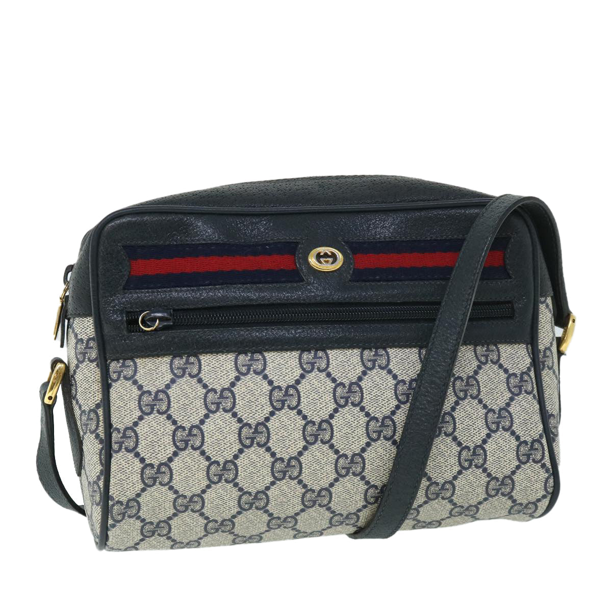 GUCCI GG Canvas Sherry Line Shoulder Bag Gray Red Navy 119.02.087 54792