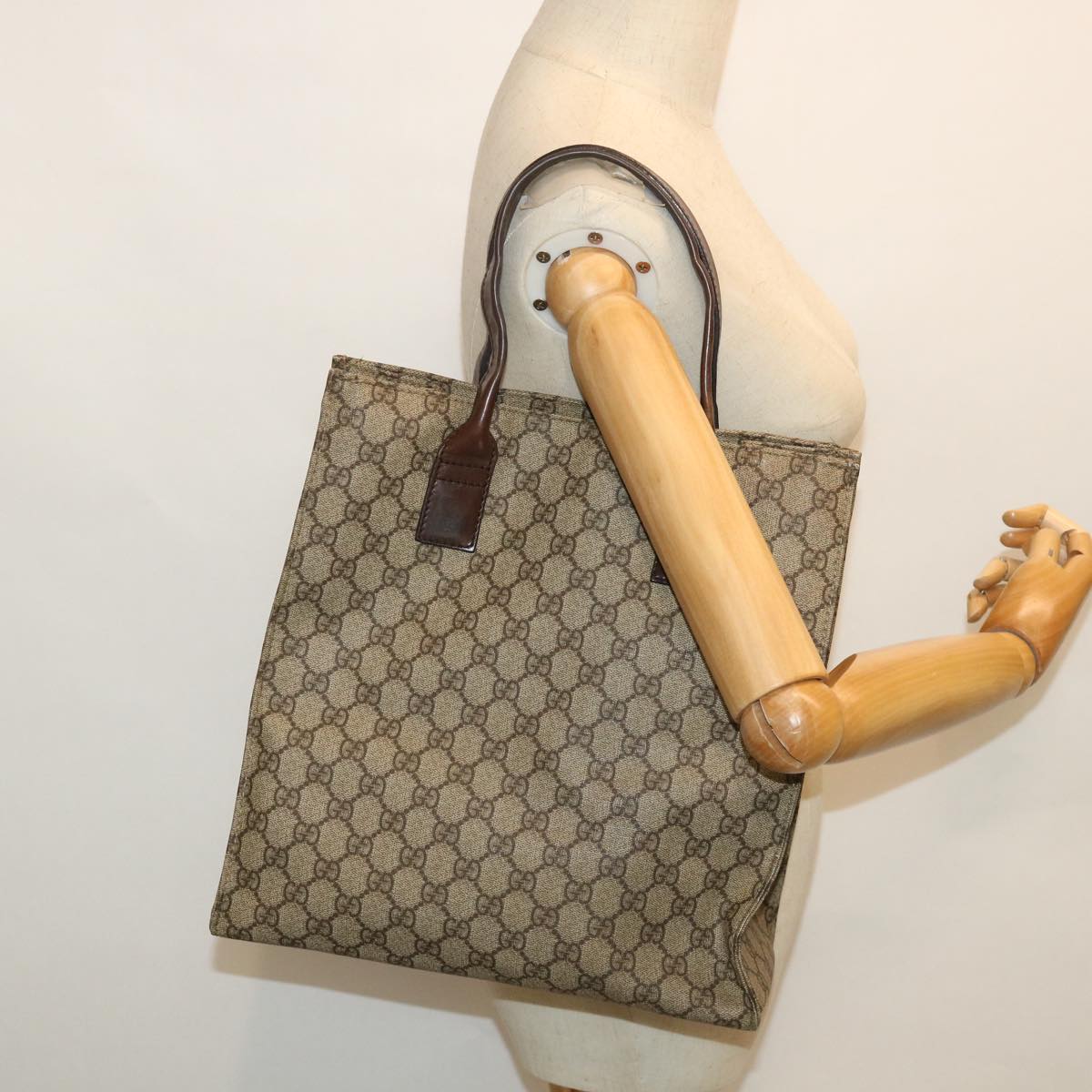 GUCCI GG Canvas Tote Bag PVC Leather Beige 91249 54809