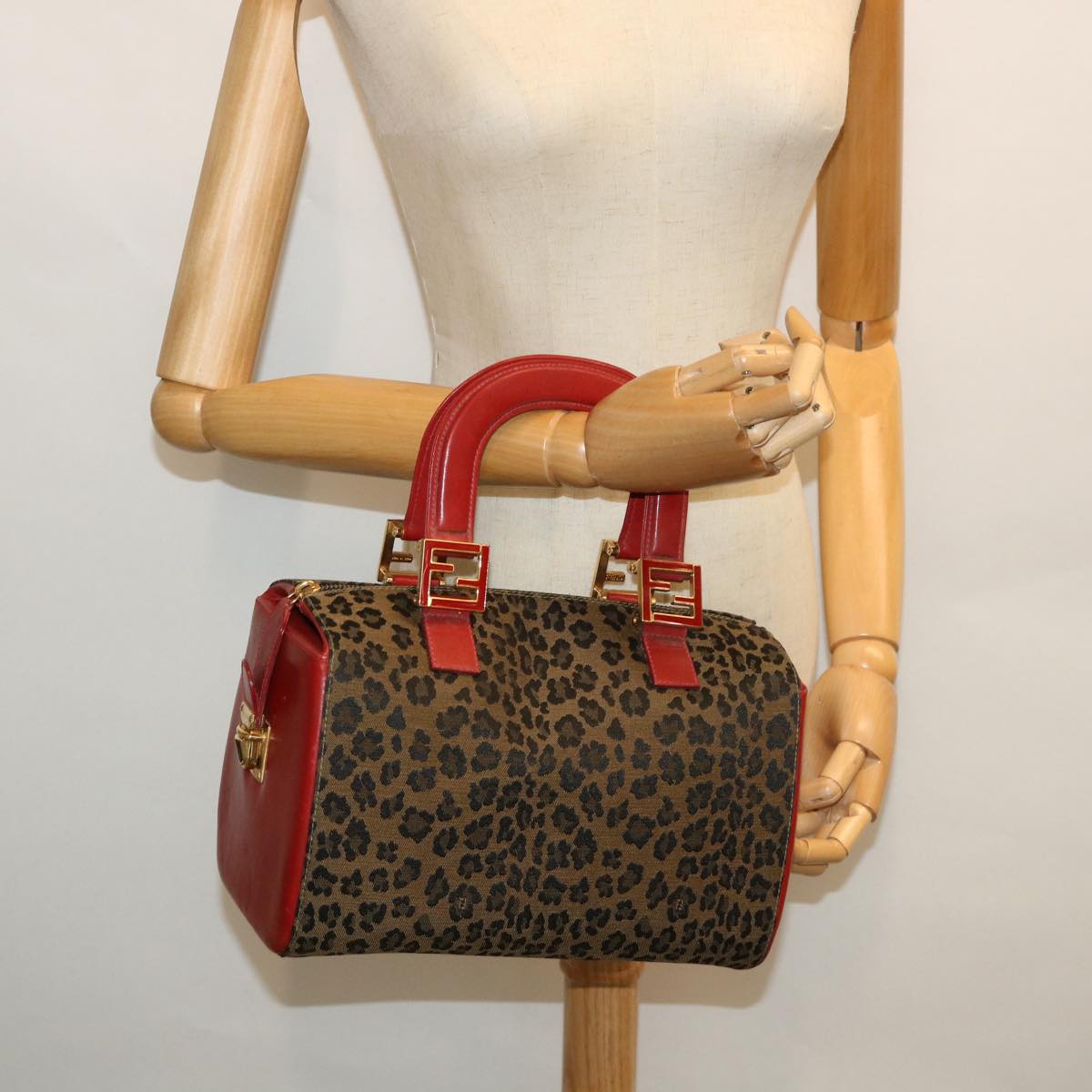 FENDI Leopard Boston Bag Canvas Brown 54817
