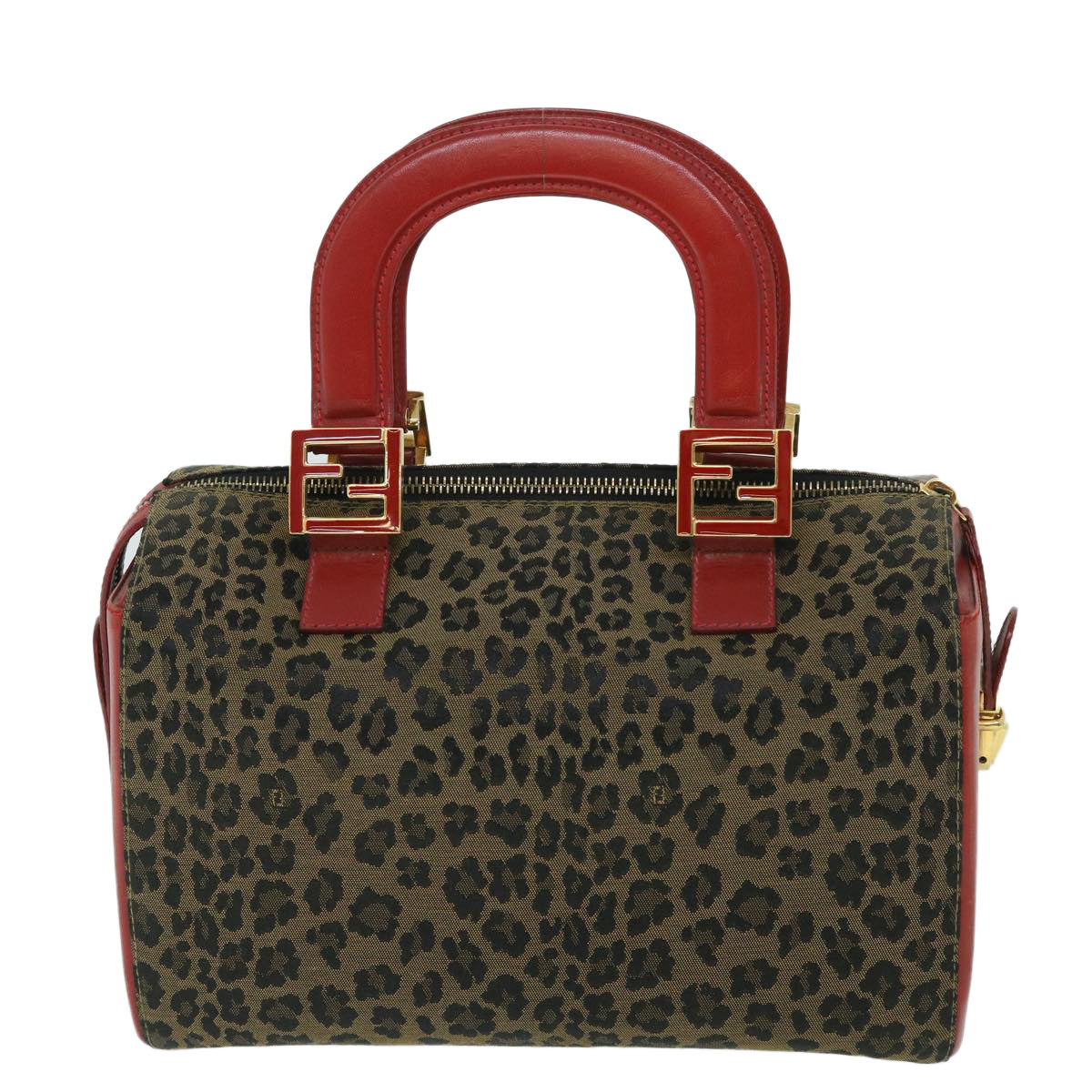 FENDI Leopard Boston Bag Canvas Brown 54817
