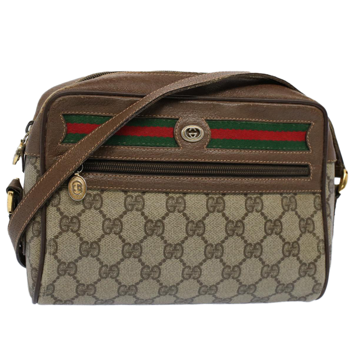 GUCCI GG Canvas Web Sherry Line Shoulder Bag PVC Leather Beige Green 54875