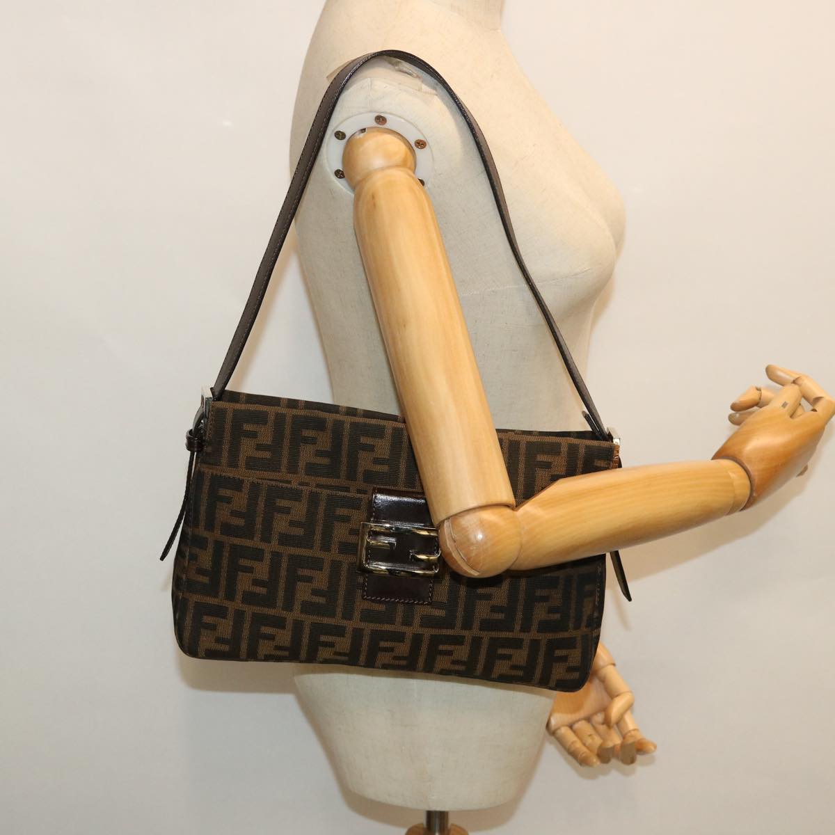FENDI Zucca Canvas Mamma Baguette Shoulder Bag Black Brown 54960