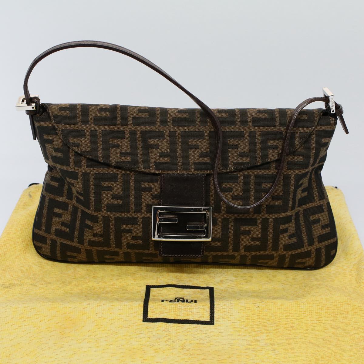 FENDI Zucca Canvas Mamma Baguette Shoulder Bag Black Brown 55429