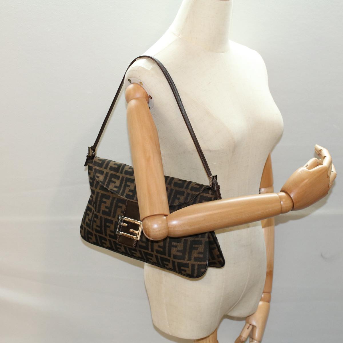 FENDI Zucca Canvas Mamma Baguette Shoulder Bag Black Brown 55429
