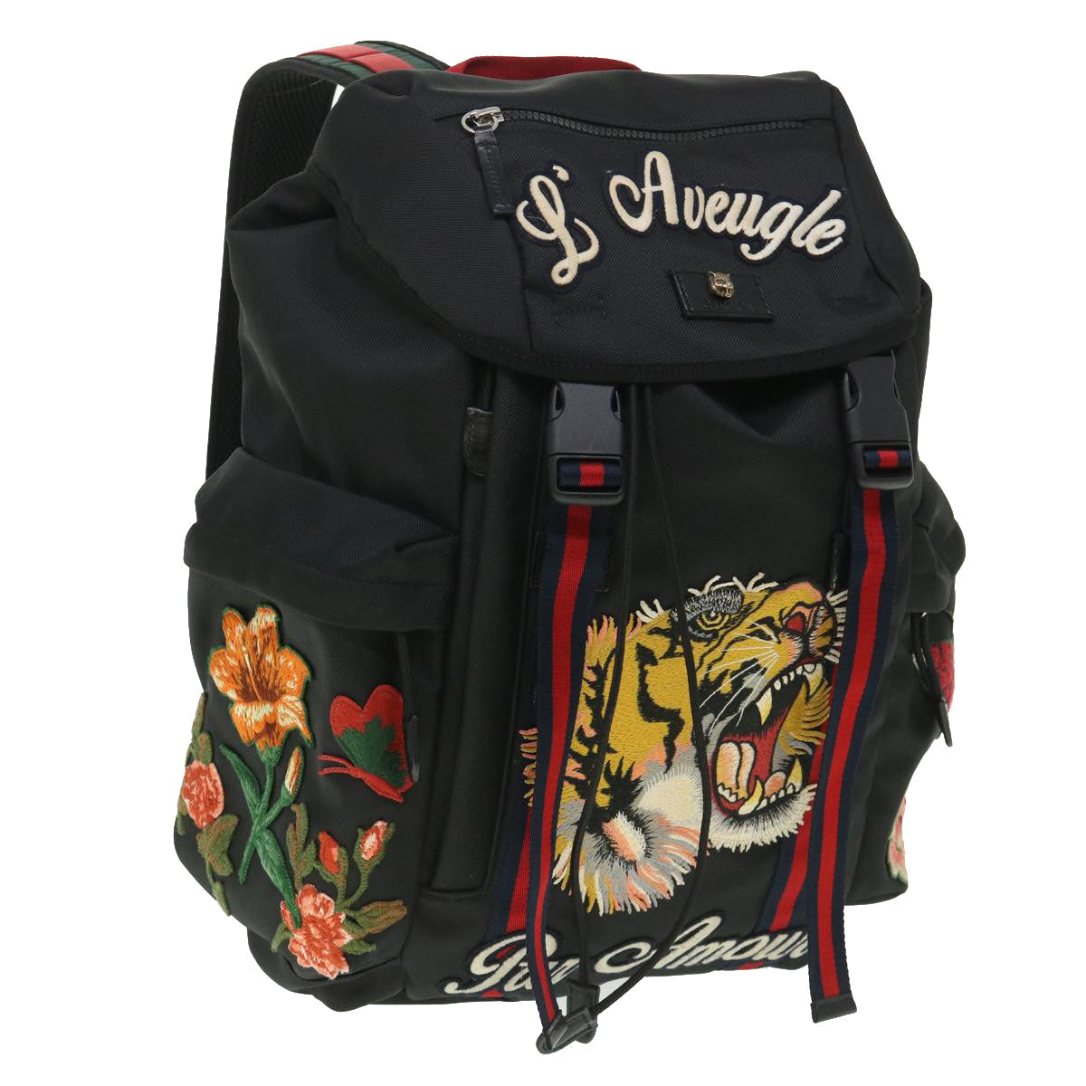 GUCCI Embroidered Tiger Web Sherry Line Backpack Nylon Black 429037 55638A