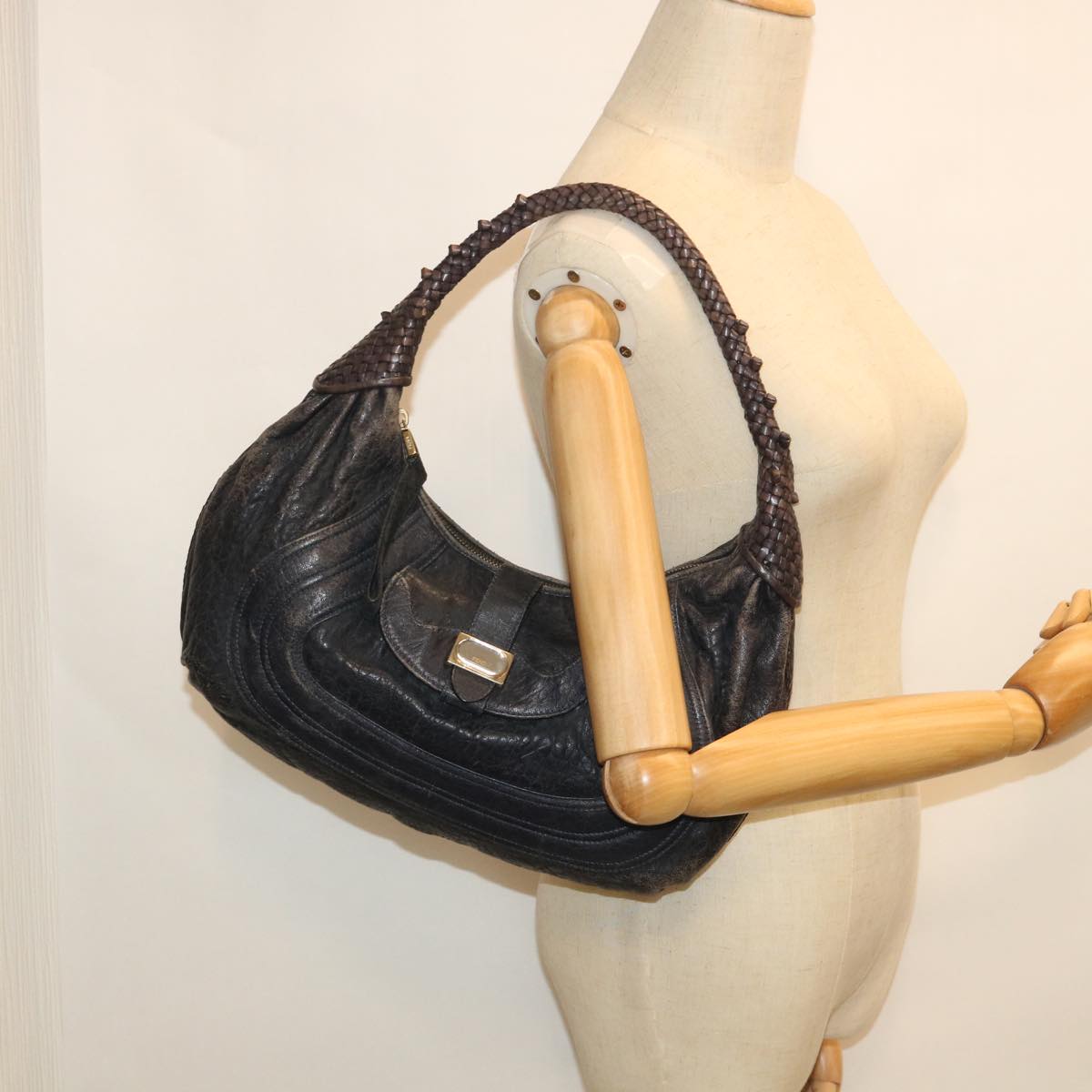 FENDI Shoulder Bag Leather Navy 55659