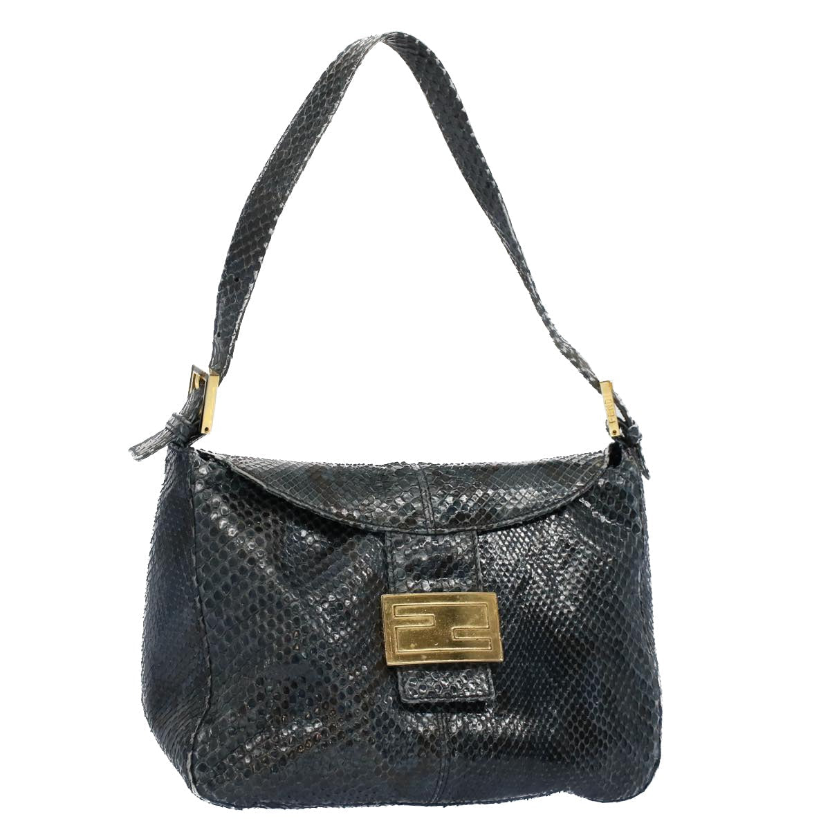FENDI Snake Pattern Mamma Baguette Shoulder Bag Exotic leather Navy 55750