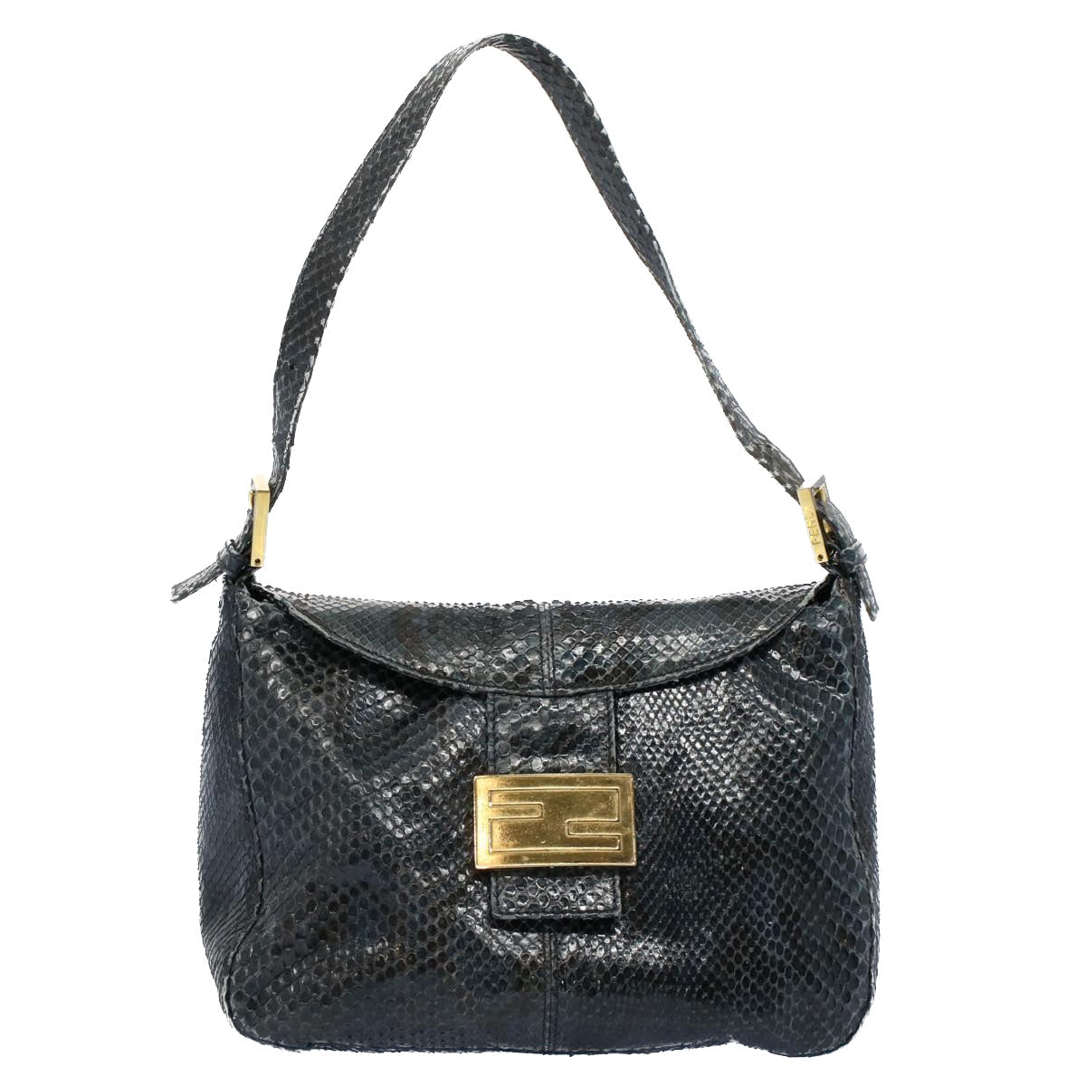 FENDI Snake Pattern Mamma Baguette Shoulder Bag Exotic leather Navy 55750