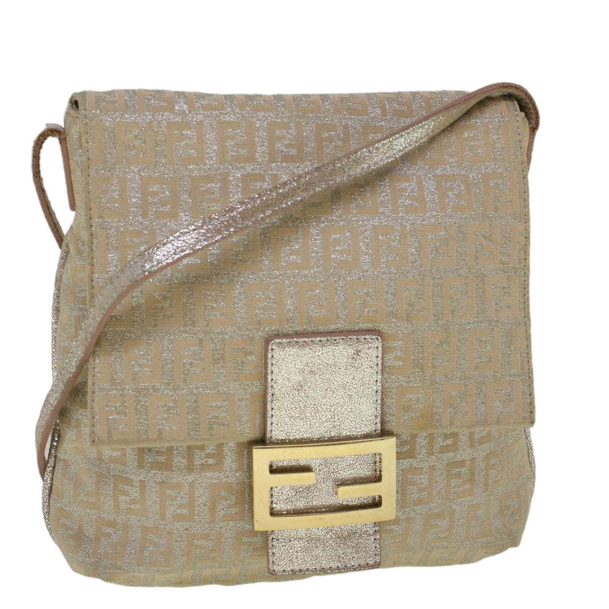 FENDI Zucchino Canvas Shoulder Bag Silver Pink 55934