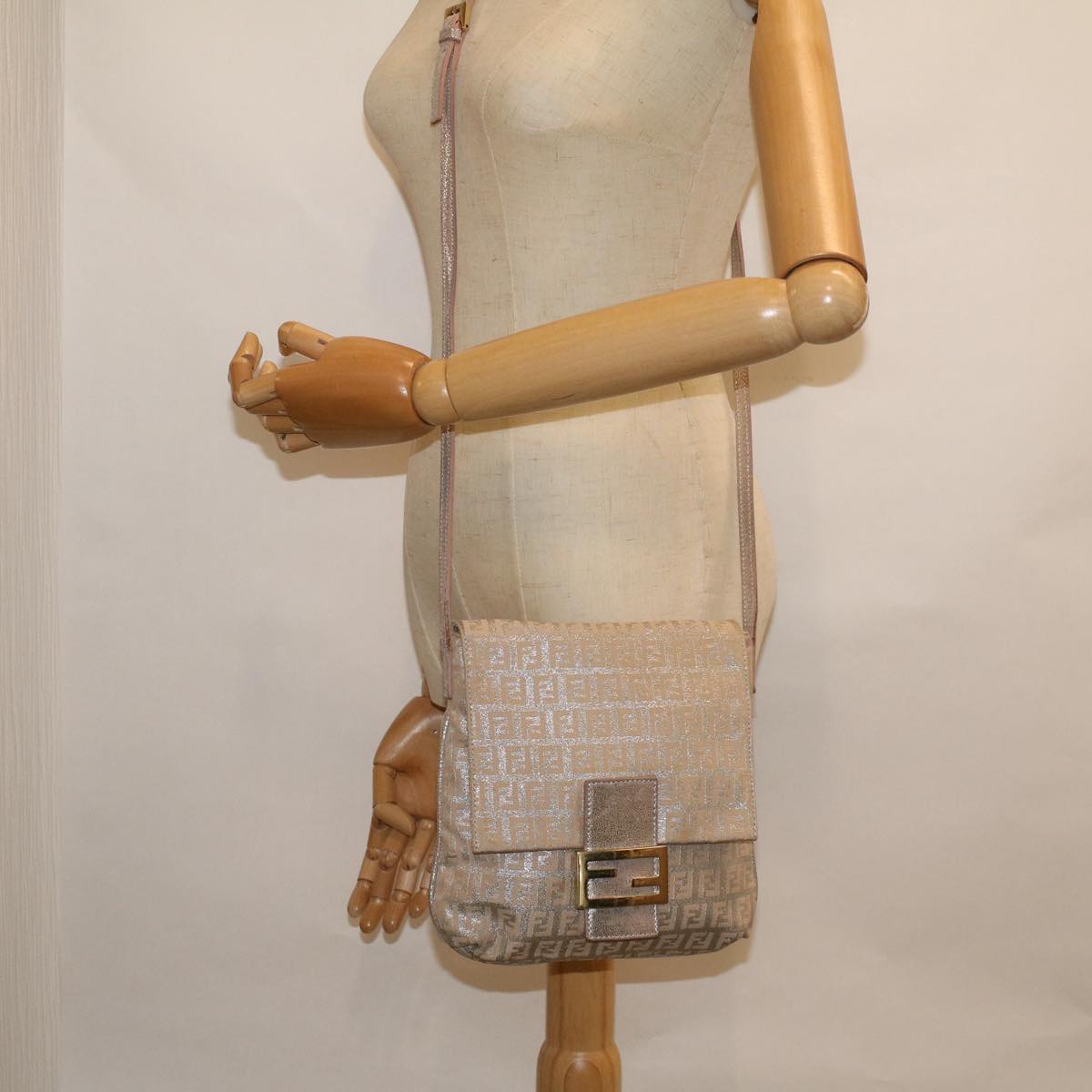 FENDI Zucchino Canvas Shoulder Bag Silver Pink 55934