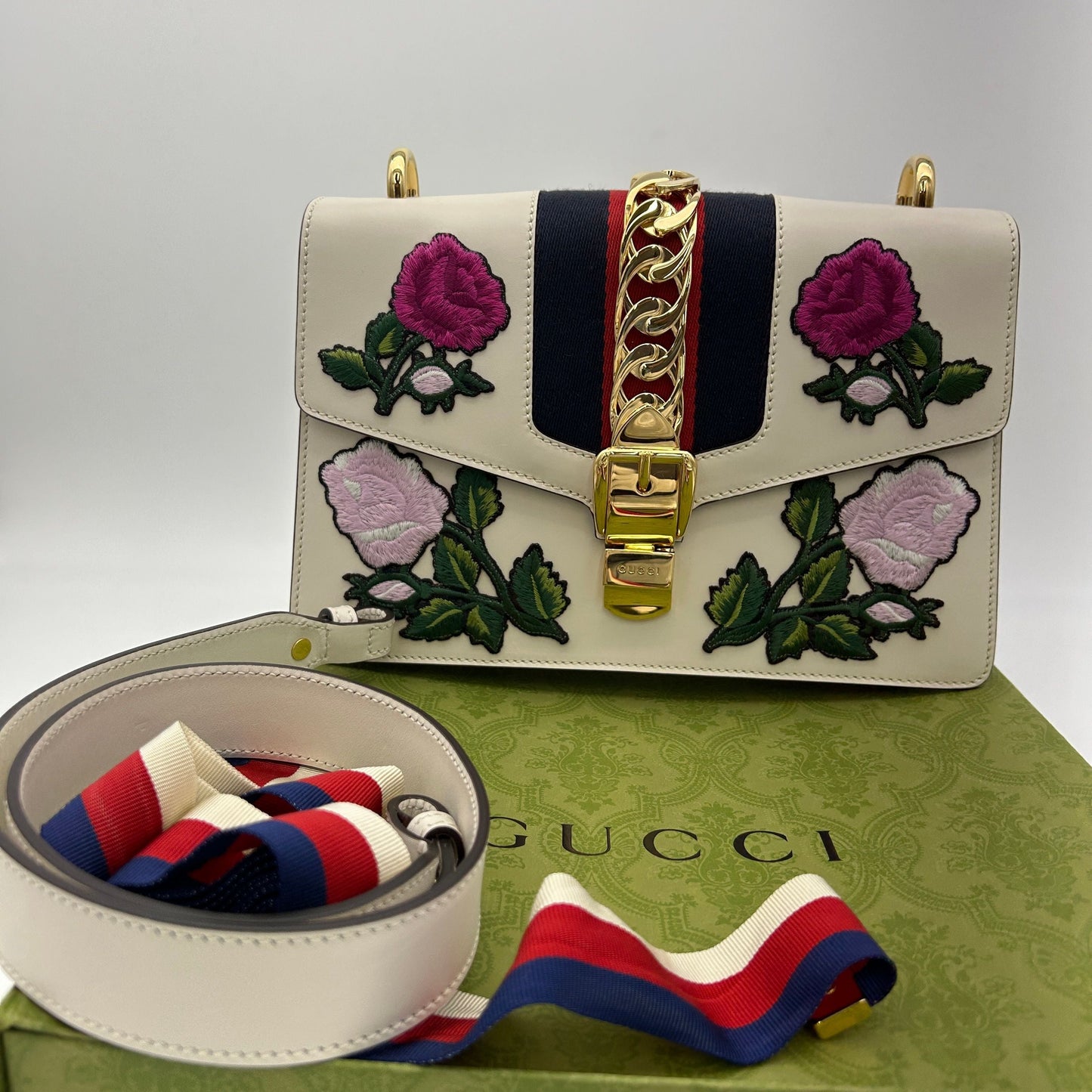 GUCCI Sylvie Shoulder Bag White Pink Multi Leather Floral Embroidery ITNS71BDBE3Q