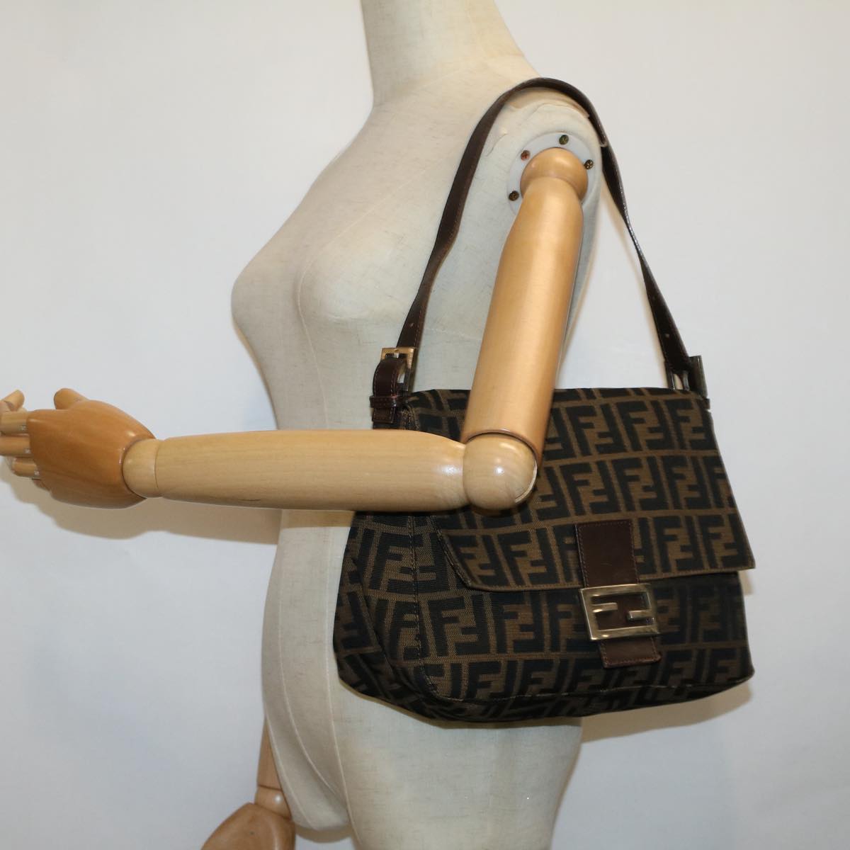 FENDI Zucca Canvas Mamma Baguette Shoulder Bag Brown Black 56073