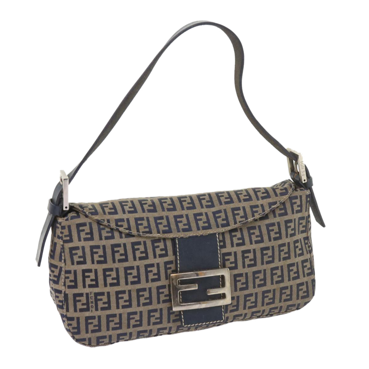 FENDI Zucchino Canvas Mamma Baguette Shoulder Bag Navy 56197
