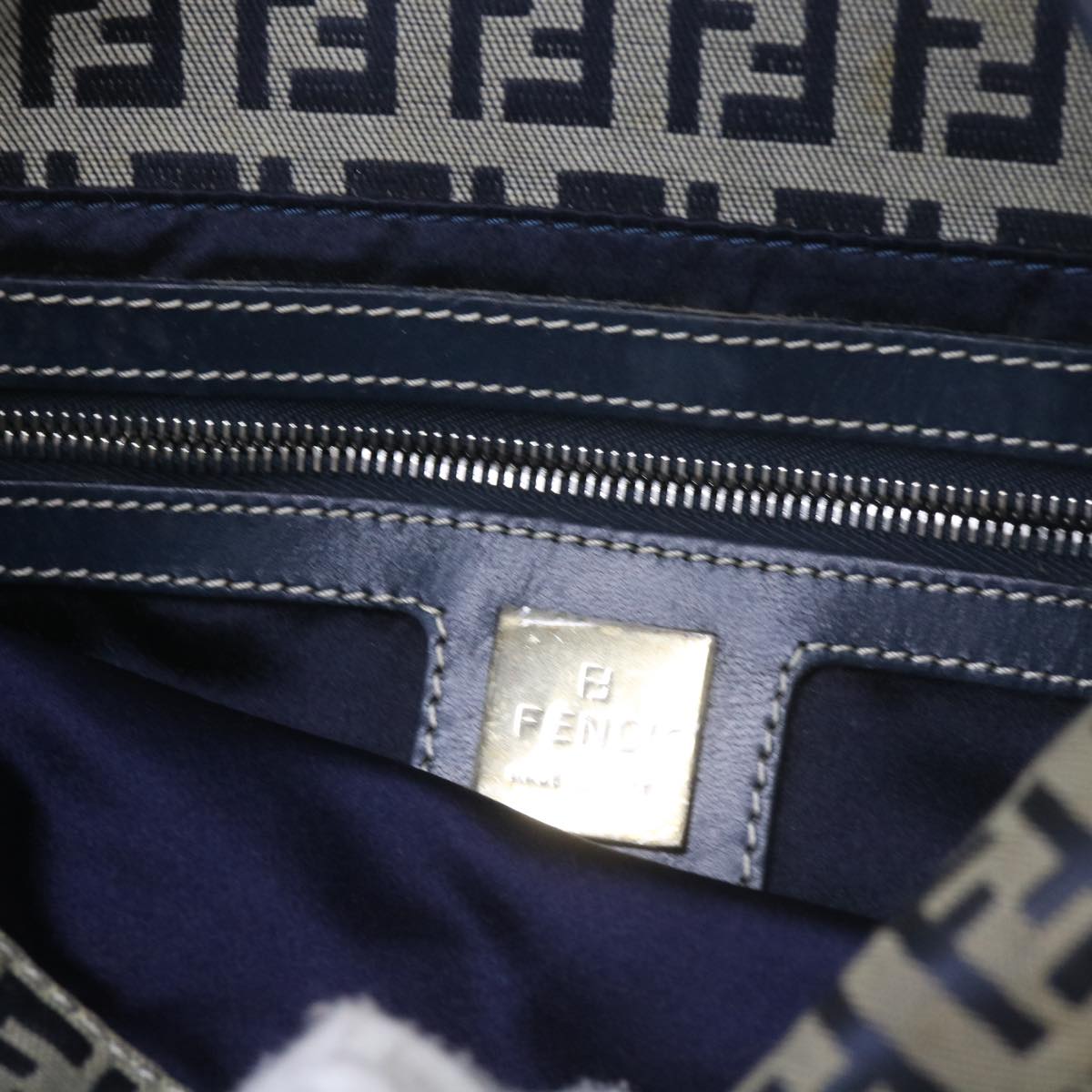 FENDI Zucchino Canvas Mamma Baguette Shoulder Bag Navy 56197