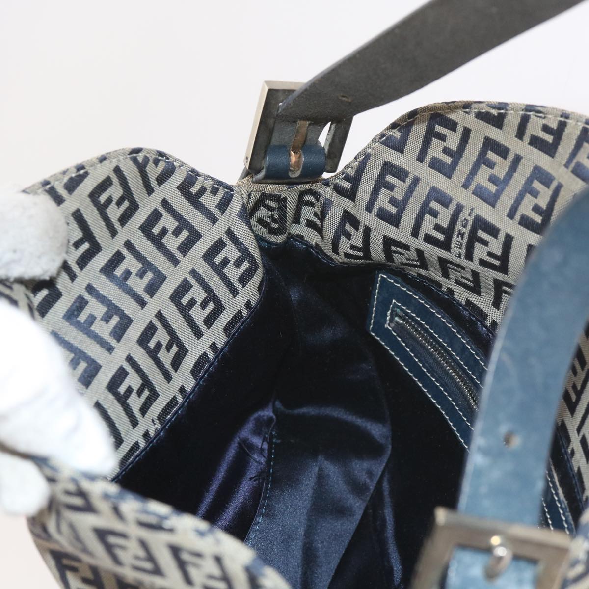 FENDI Zucchino Canvas Mamma Baguette Shoulder Bag Navy 56197