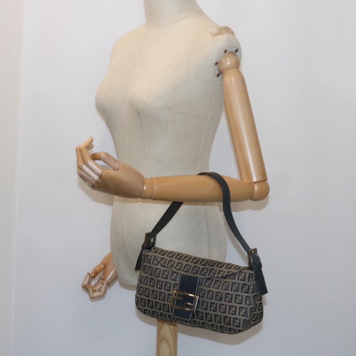 FENDI Zucchino Canvas Mamma Baguette Shoulder Bag Navy 56197