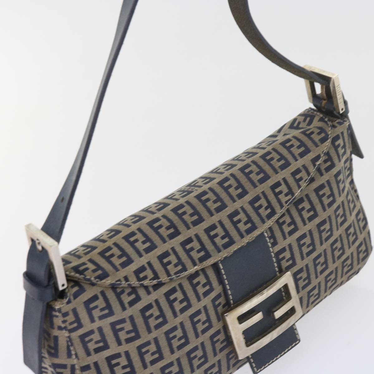 FENDI Zucchino Canvas Mamma Baguette Shoulder Bag Navy 56197