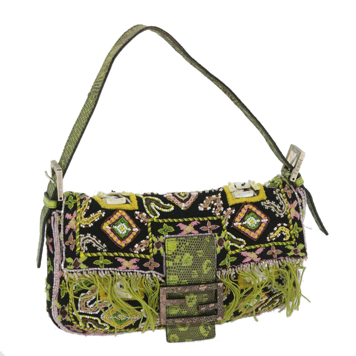 FENDI Snake Mamma Baguette Shoulder Bag Wool Leather Black Green 56581