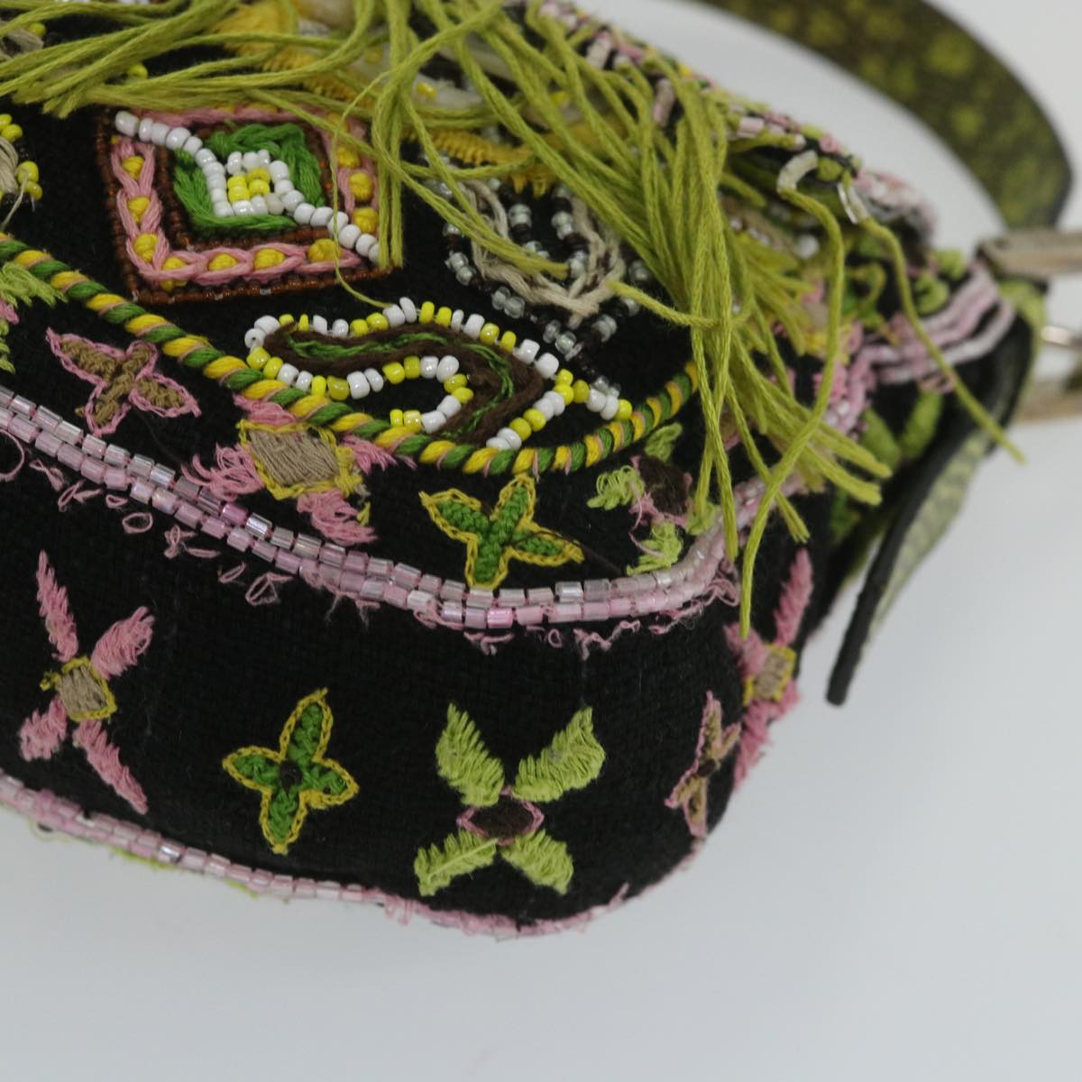 FENDI Snake Mamma Baguette Shoulder Bag Wool Leather Black Green 56581
