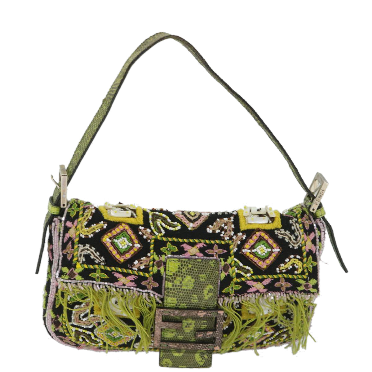 FENDI Snake Mamma Baguette Shoulder Bag Wool Leather Black Green 56581
