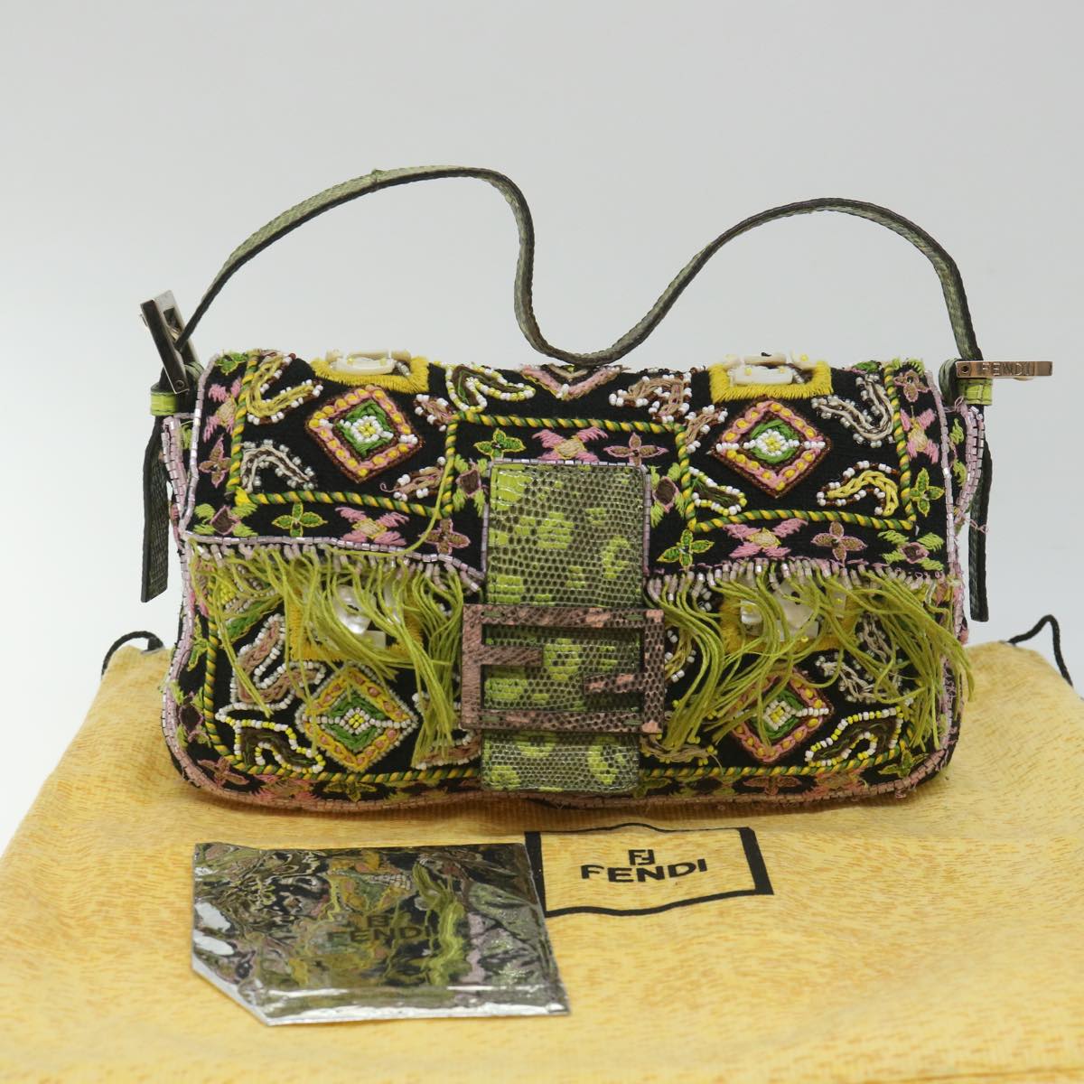 FENDI Snake Mamma Baguette Shoulder Bag Wool Leather Black Green 56581
