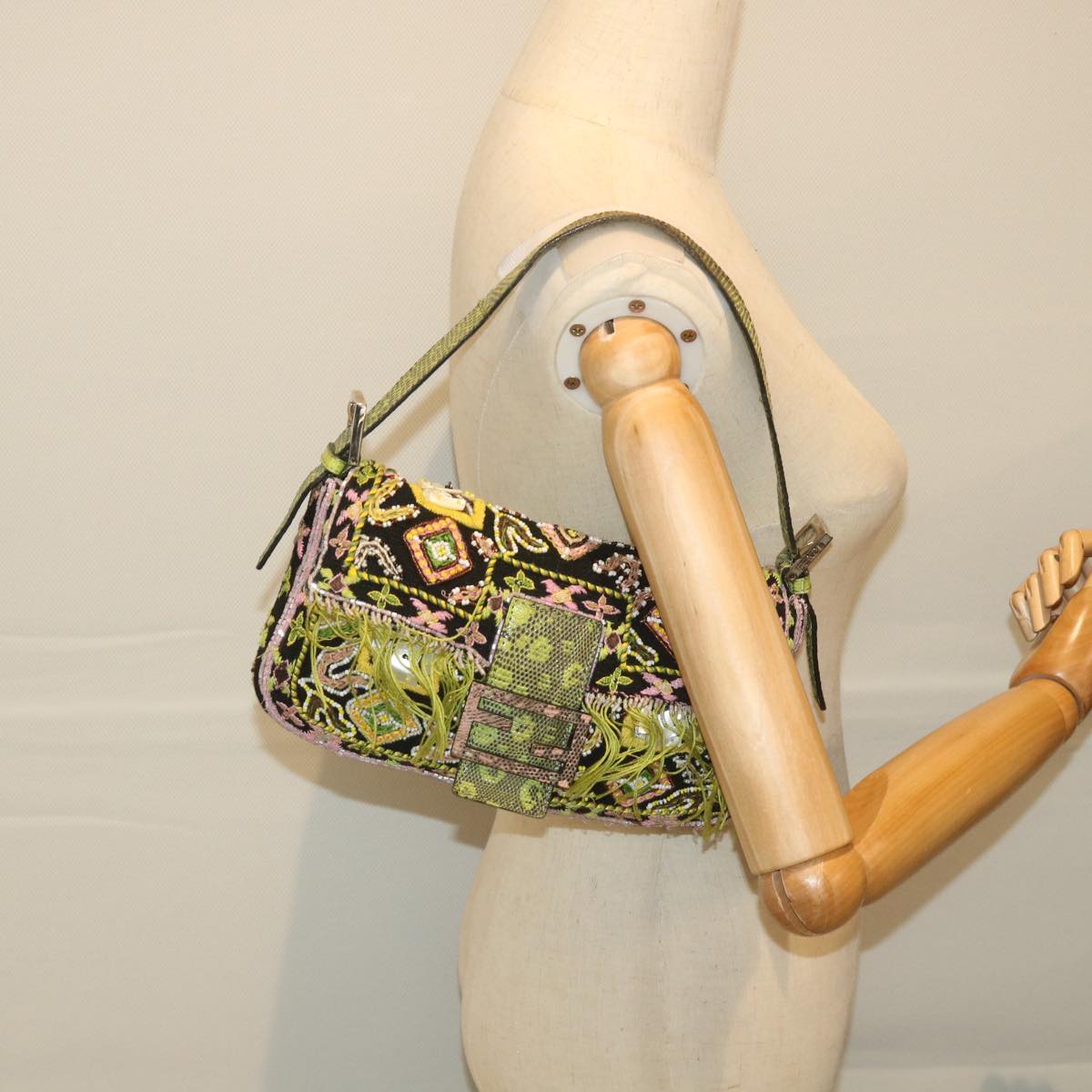 FENDI Snake Mamma Baguette Shoulder Bag Wool Leather Black Green 56581