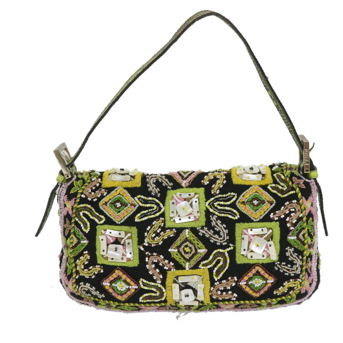 FENDI Snake Mamma Baguette Shoulder Bag Wool Leather Black Green 56581
