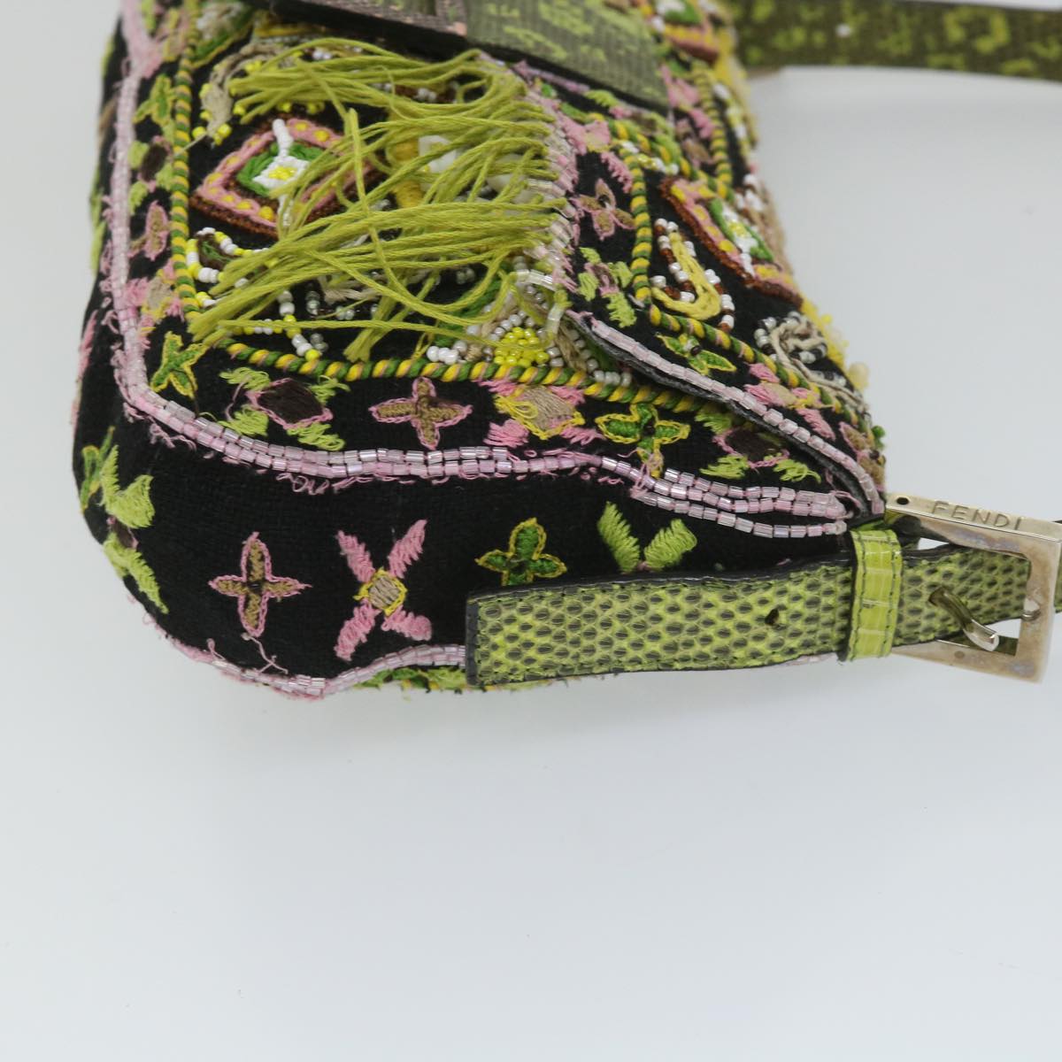 FENDI Snake Mamma Baguette Shoulder Bag Wool Leather Black Green 56581