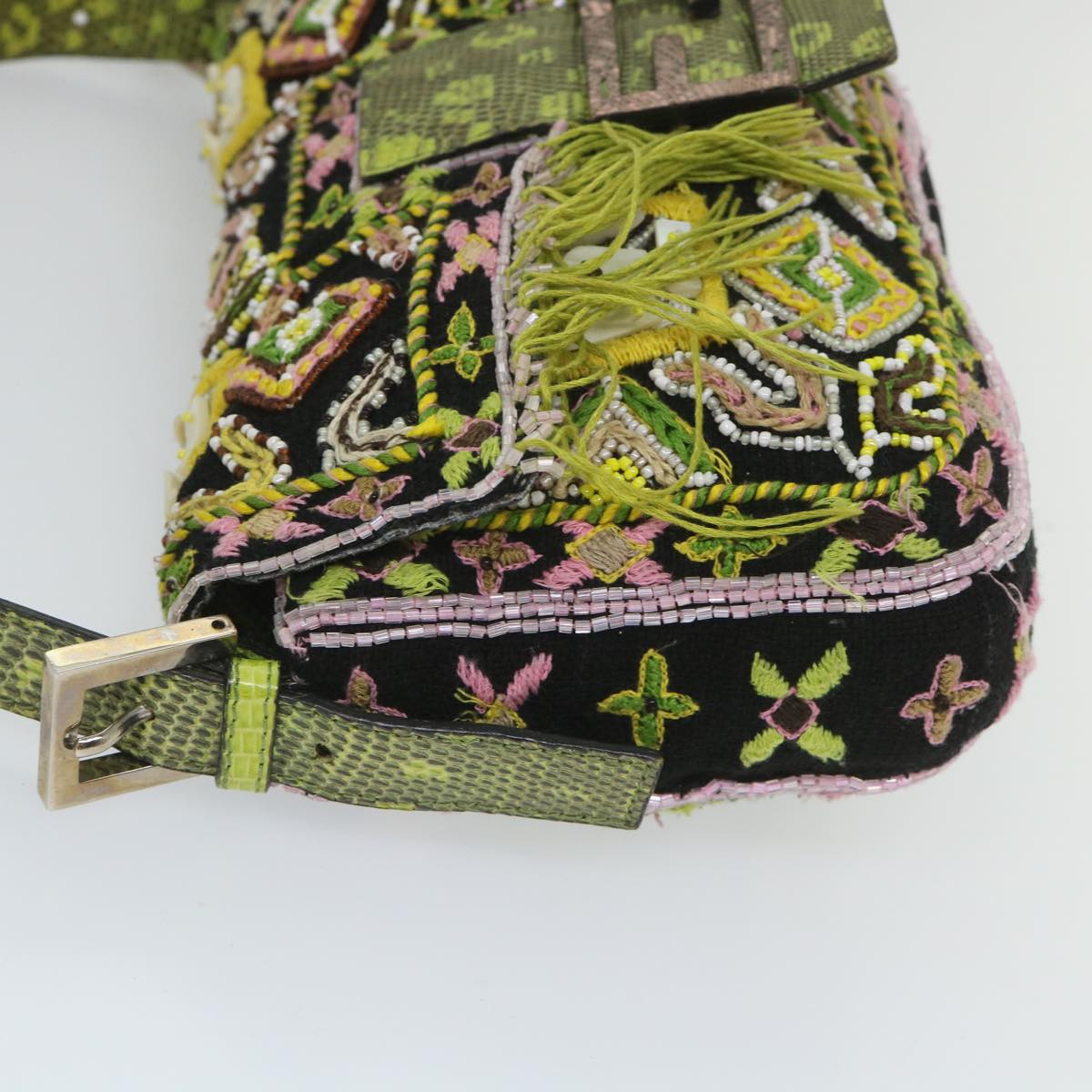 FENDI Snake Mamma Baguette Shoulder Bag Wool Leather Black Green 56581