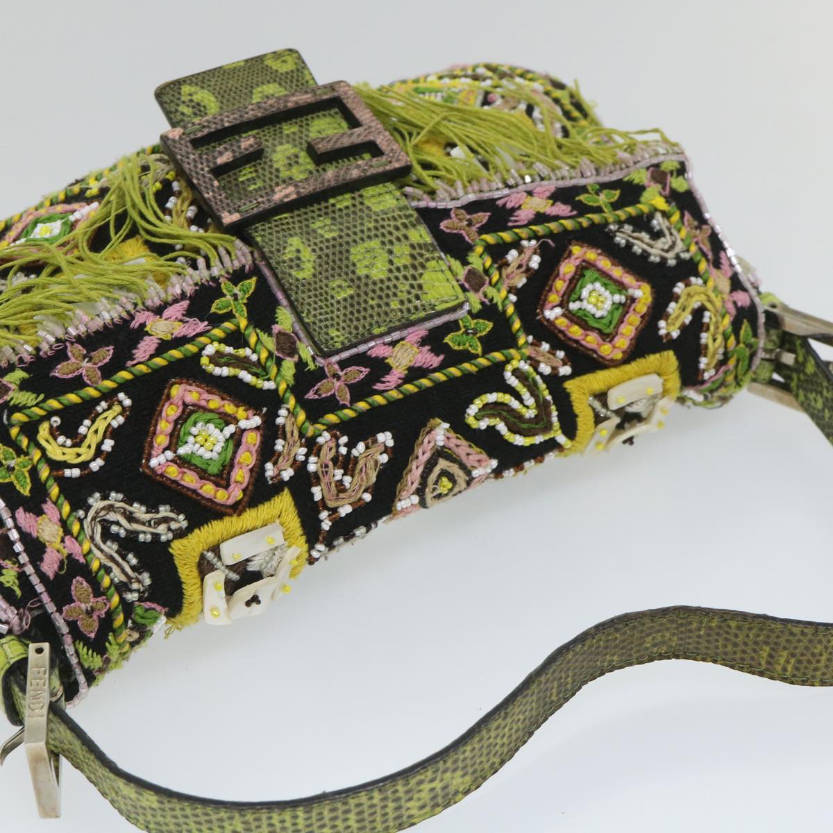 FENDI Snake Mamma Baguette Shoulder Bag Wool Leather Black Green 56581