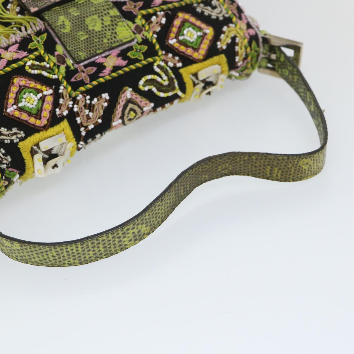 FENDI Snake Mamma Baguette Shoulder Bag Wool Leather Black Green 56581