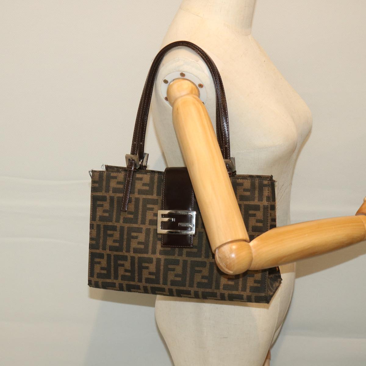 FENDI Zucca Canvas Mamma Hand Bag Nylon Brown Black 56586