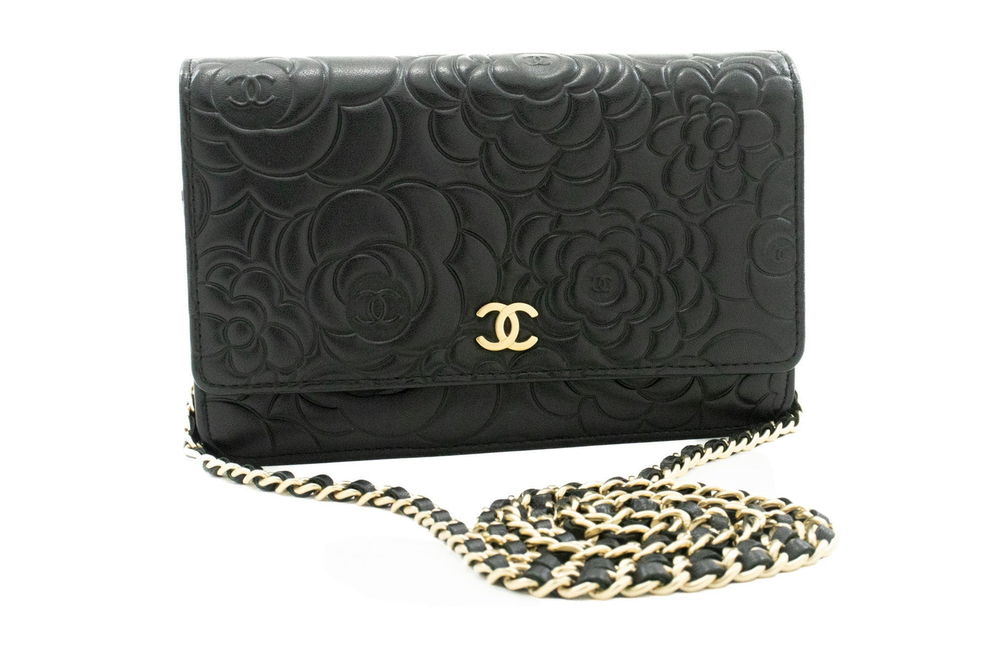 CHANEL Black Camellia Embossed Wallet On Chain WOC Shoulder Bag k53
