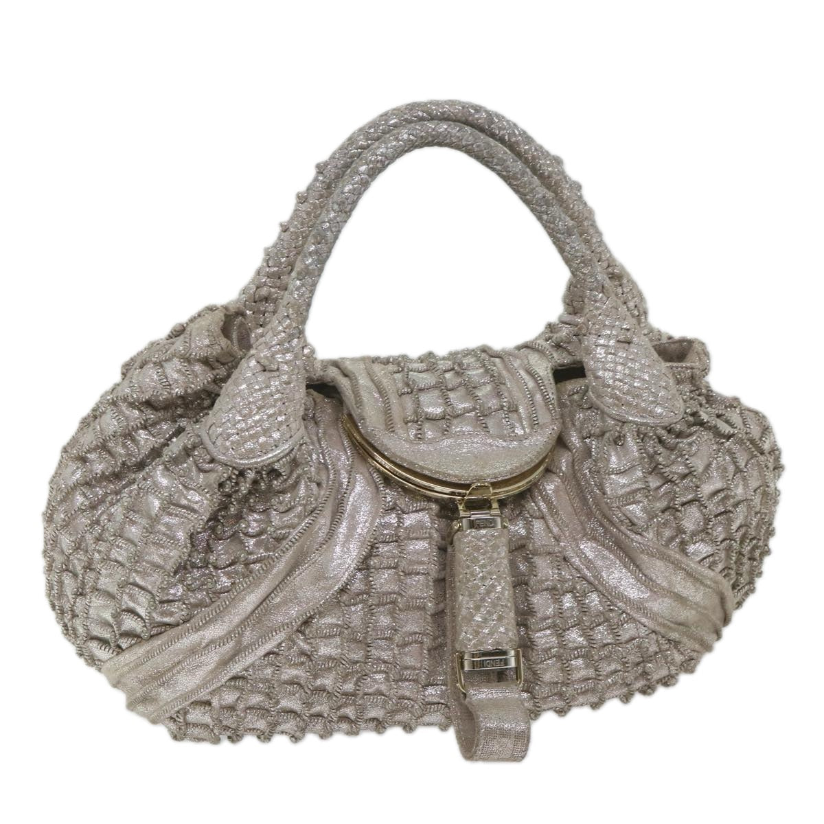 FENDI Spy Hand Bag Leather Silver 56875