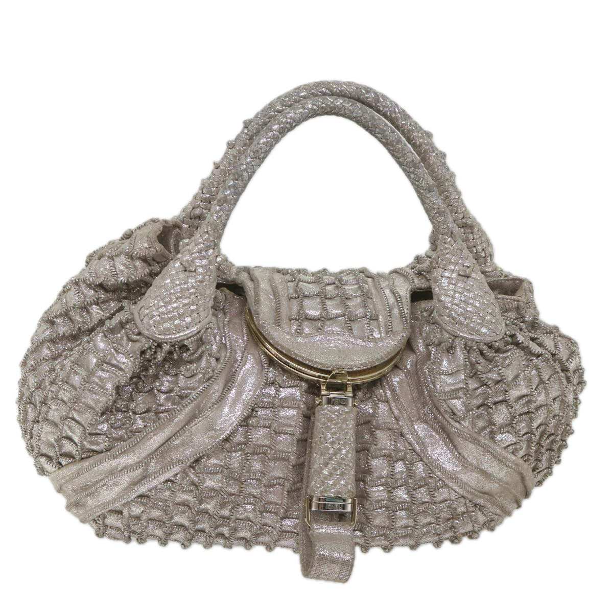 FENDI Spy Hand Bag Leather Silver 56875