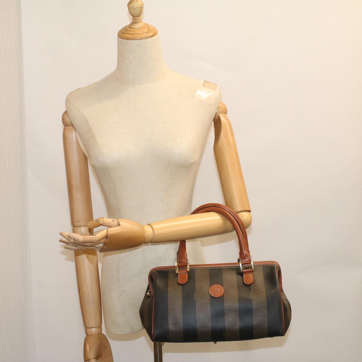 FENDI Pecan Canvas Boston Bag Brown Black 57230