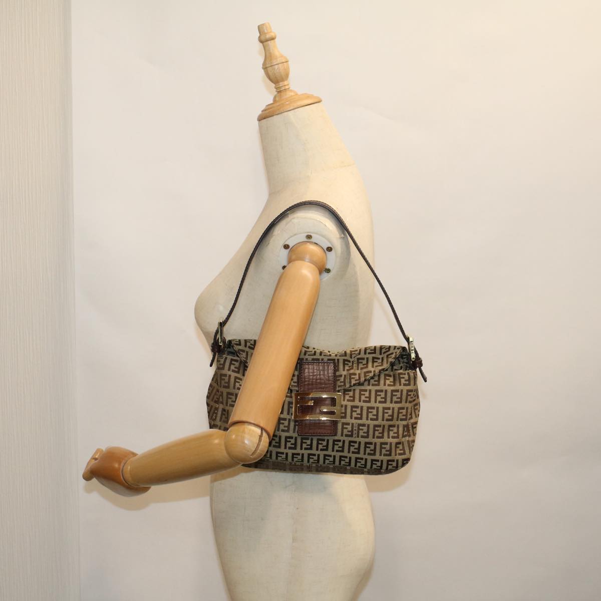 FENDI Zucchino Canvas Mamma Baguette Shoulder Bag Brown 57292