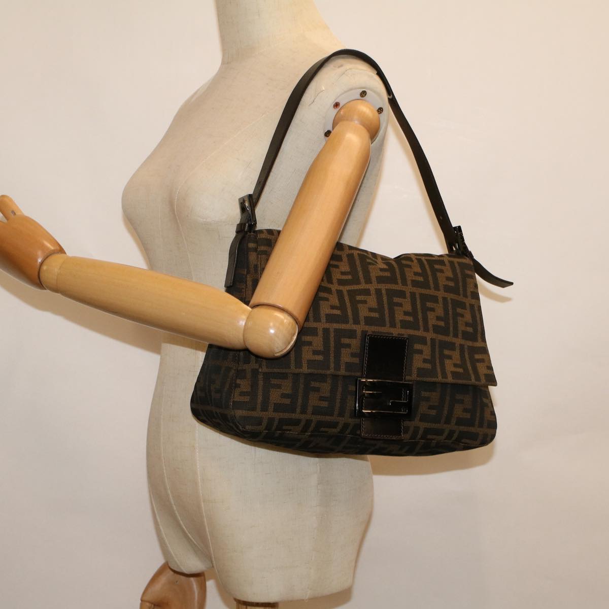 FENDI Zucca Canvas Mamma Baguette Shoulder Bag Brown 57364