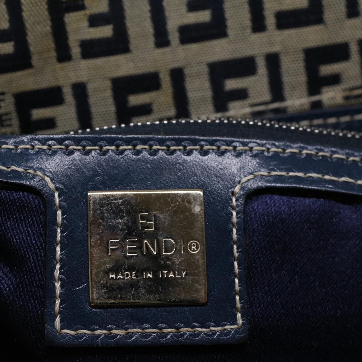 FENDI Zucchino Canvas Mamma Baguette Hand Bag Navy 57794