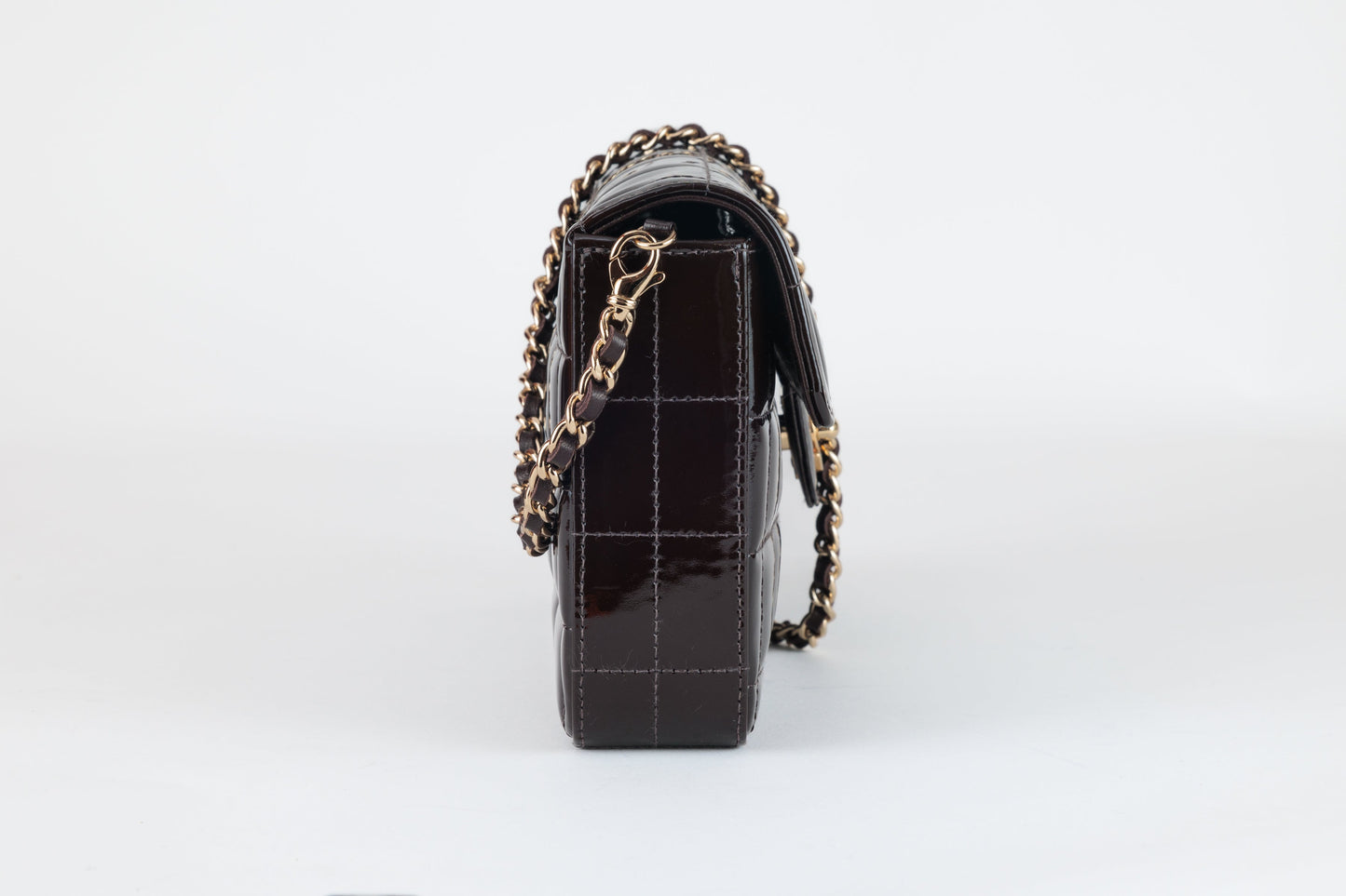 Chanel Brown Patent Leather  Chocolate Bar East West Flap Bag with Gold Hardware