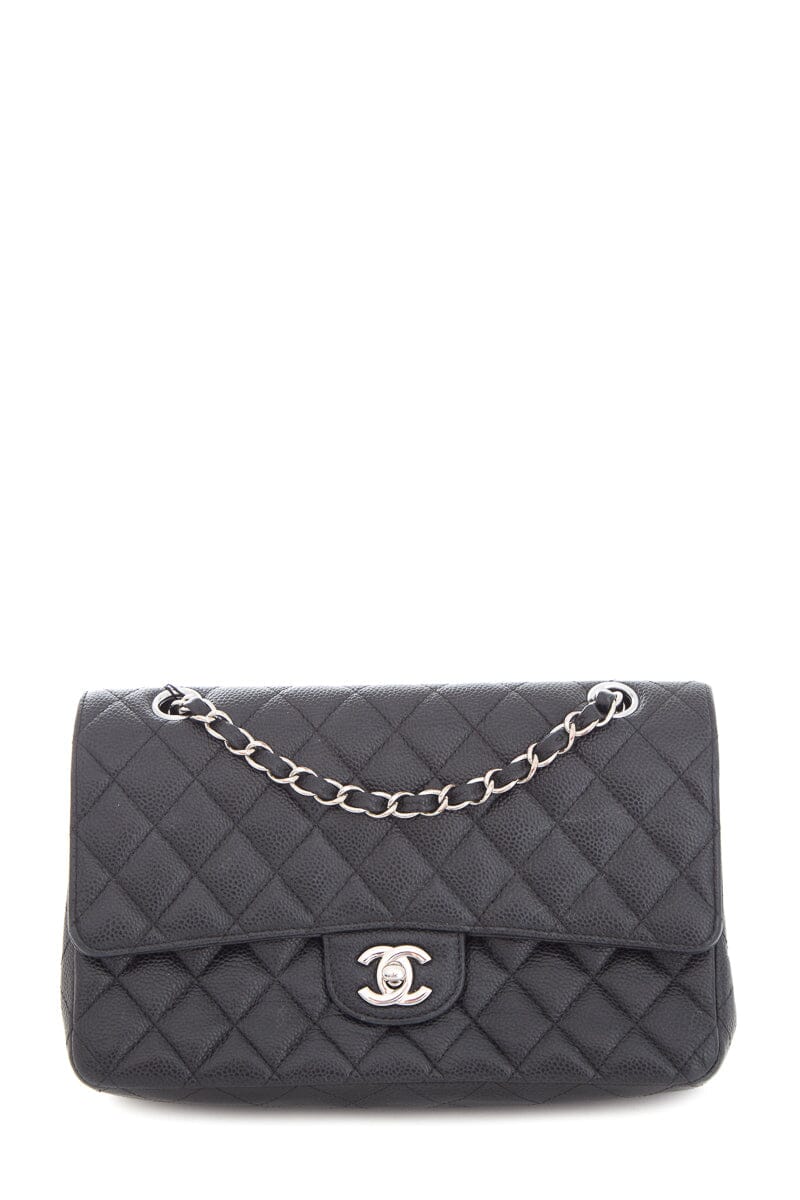 Chanel 2016 Black Caviar Double Flap Handbag with Silver Hardware