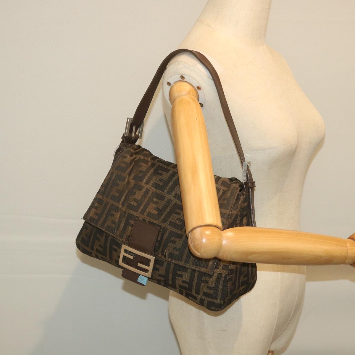 FENDI Zucca Canvas Mamma Baguette Shoulder Bag Black Brown 58322