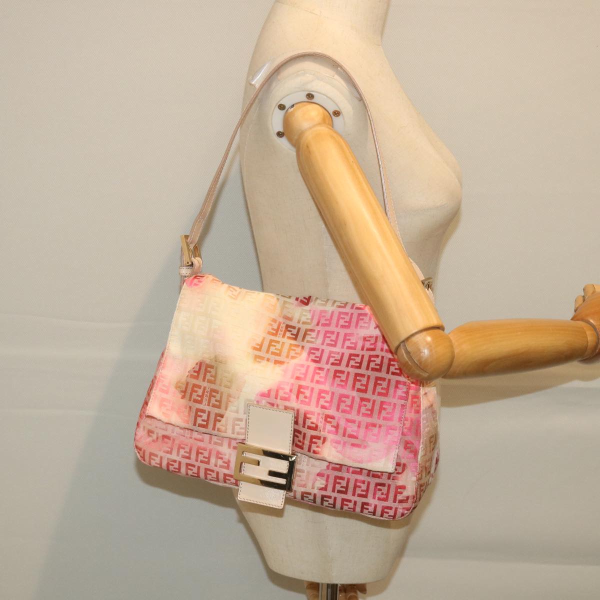FENDI Zucchino Canvas Mamma Baguette Shoulder Bag Pink 58332
