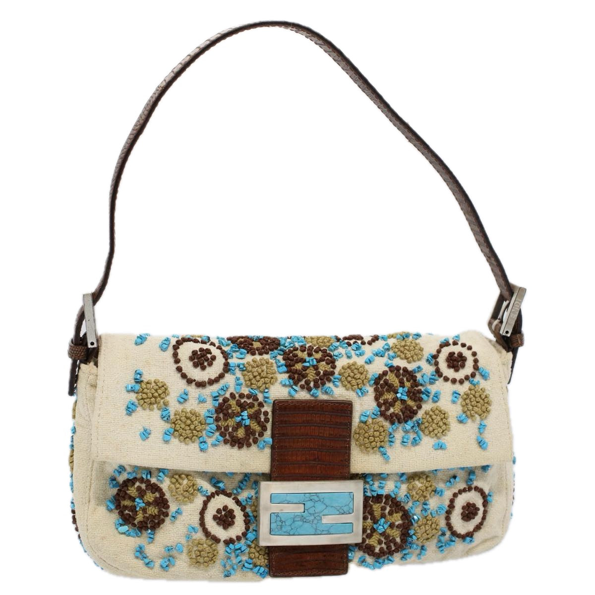 FENDI Mamma Baguette Shoulder Bag Canvas Brown White 58340A