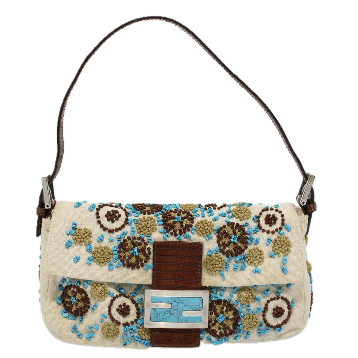 FENDI Mamma Baguette Shoulder Bag Canvas Brown White 58340A