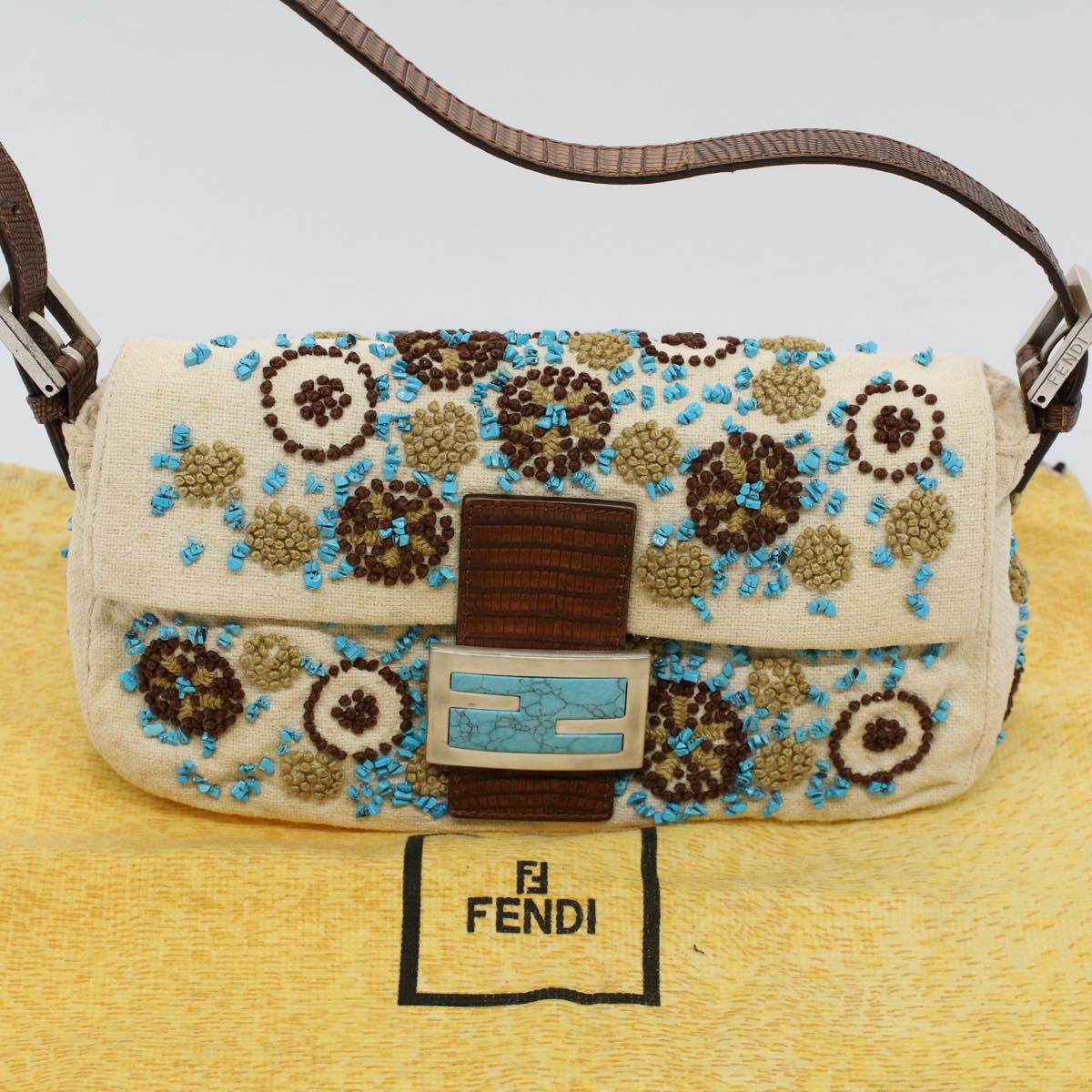 FENDI Mamma Baguette Shoulder Bag Canvas Brown White 58340A